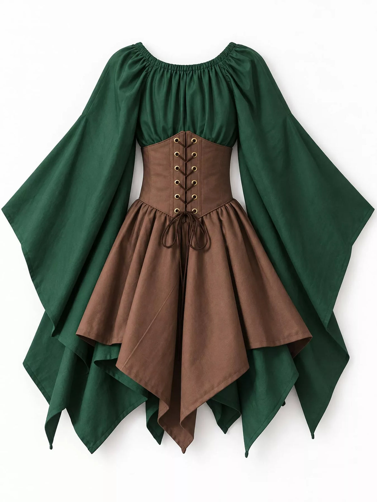 Lace-up asymmetric dress, green brown back