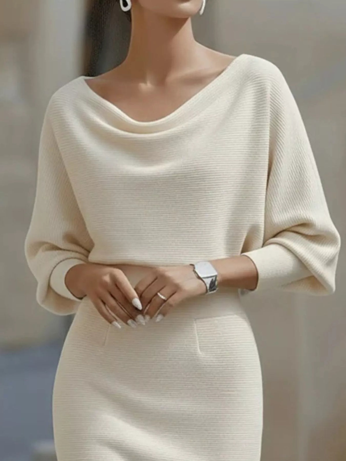 Cowl neck 3/4 sleeve knee dress, construction and design details
