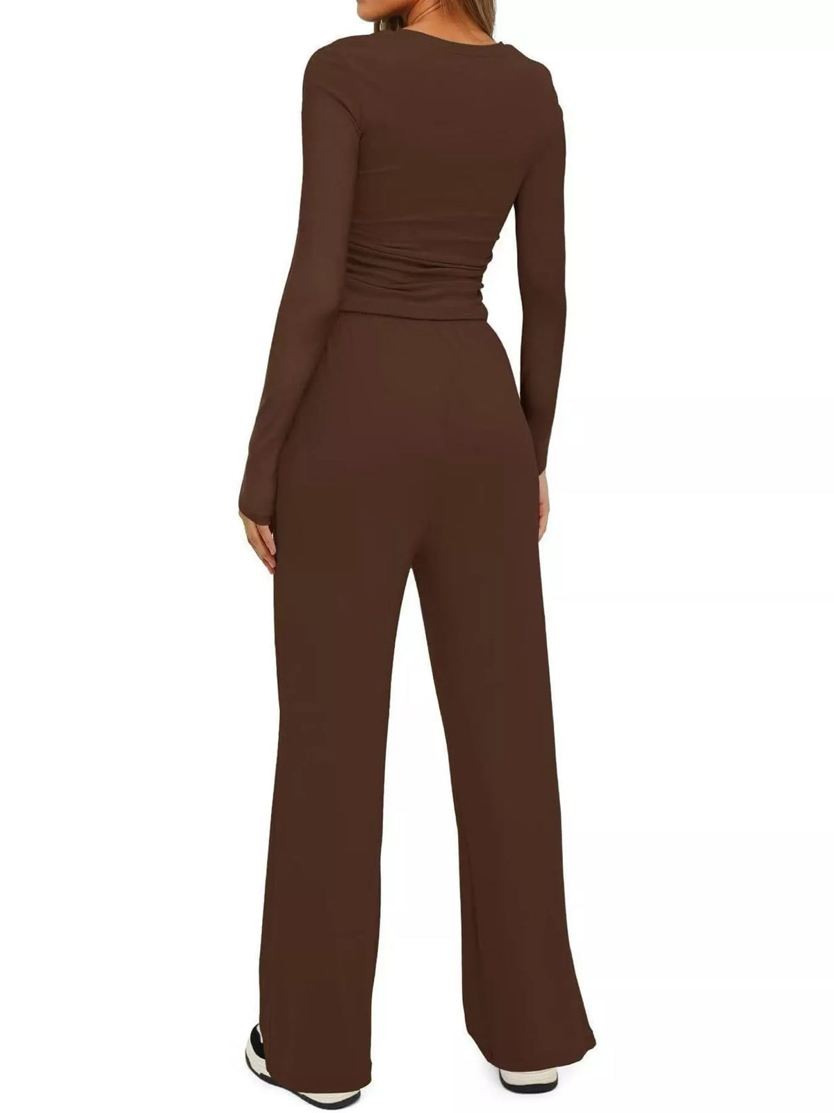 Long Sleeve Top and Wide-Leg Drawstring Pants Set — back view