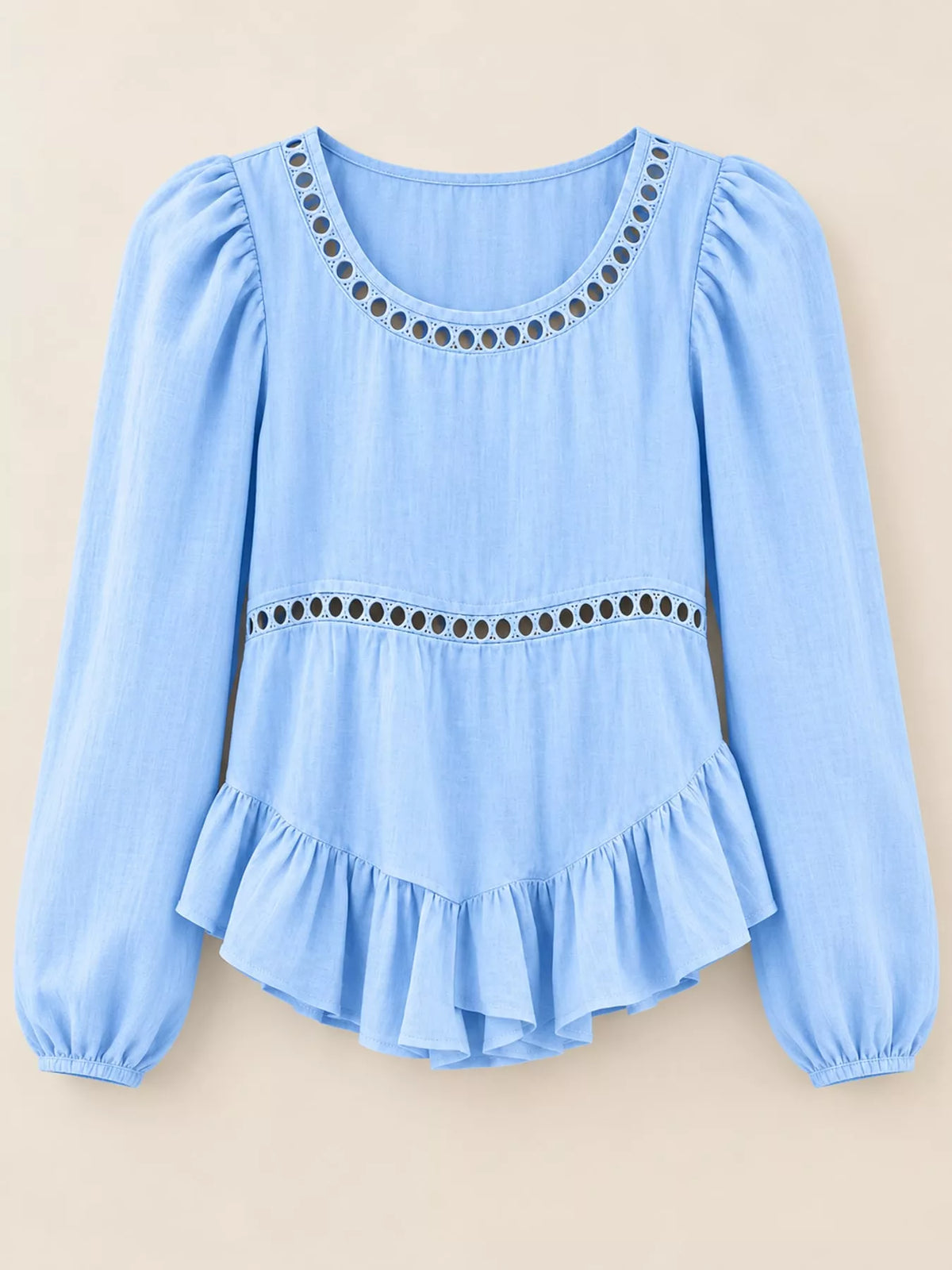 Women's Long Sleeve Blouse with Eyelet Lace Trim and Ruffled Hem in light blue — flat lay view