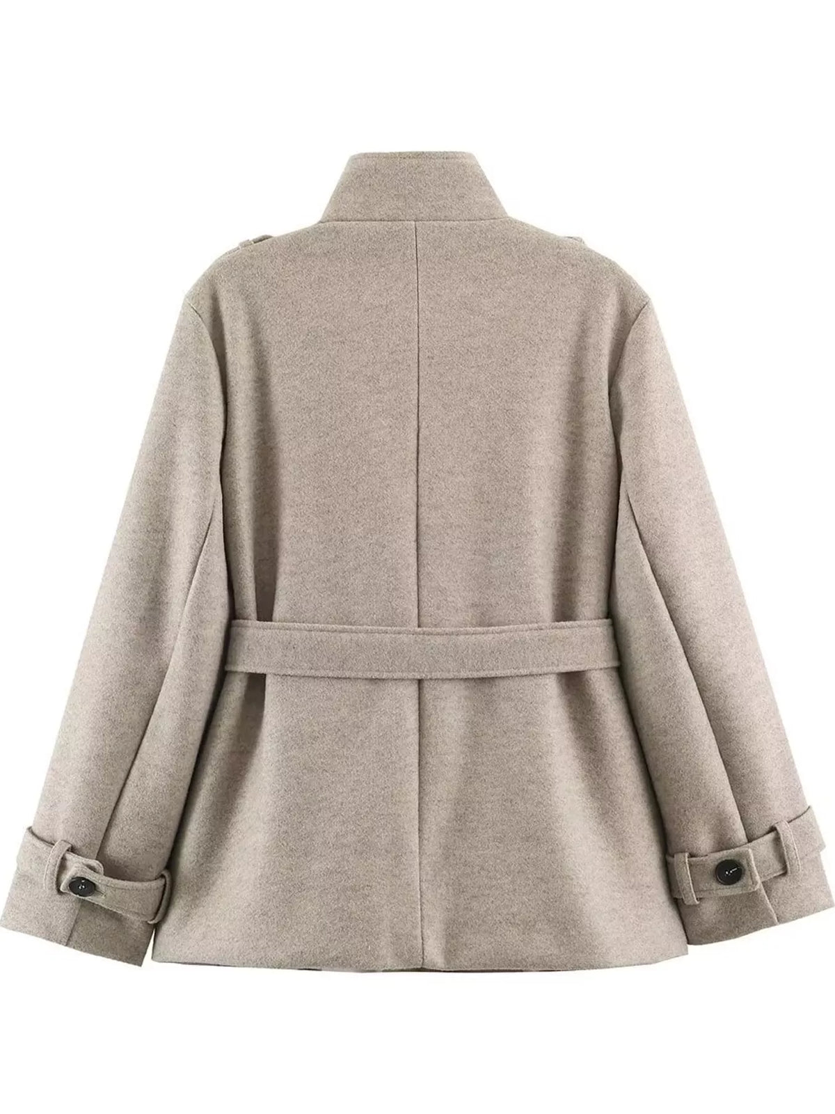 Stand-Collar Belted Button-Down Jacket — back view