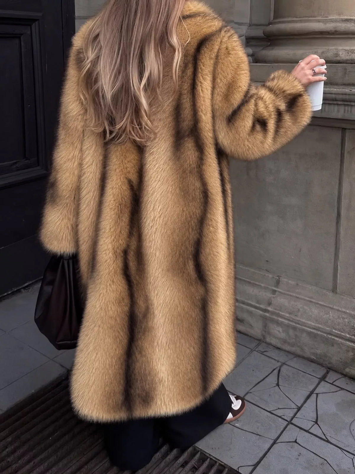 Faux Fur Longline Coat, back view in camel