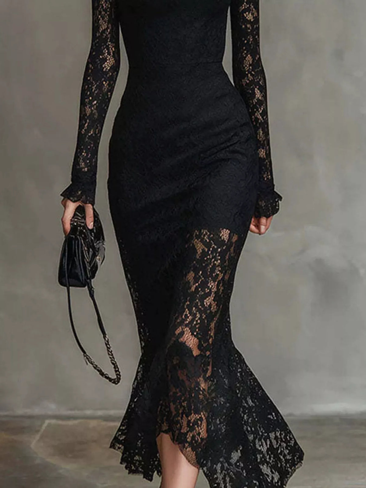 Lace Mock Neck Mermaid Midi Dress, hem detail