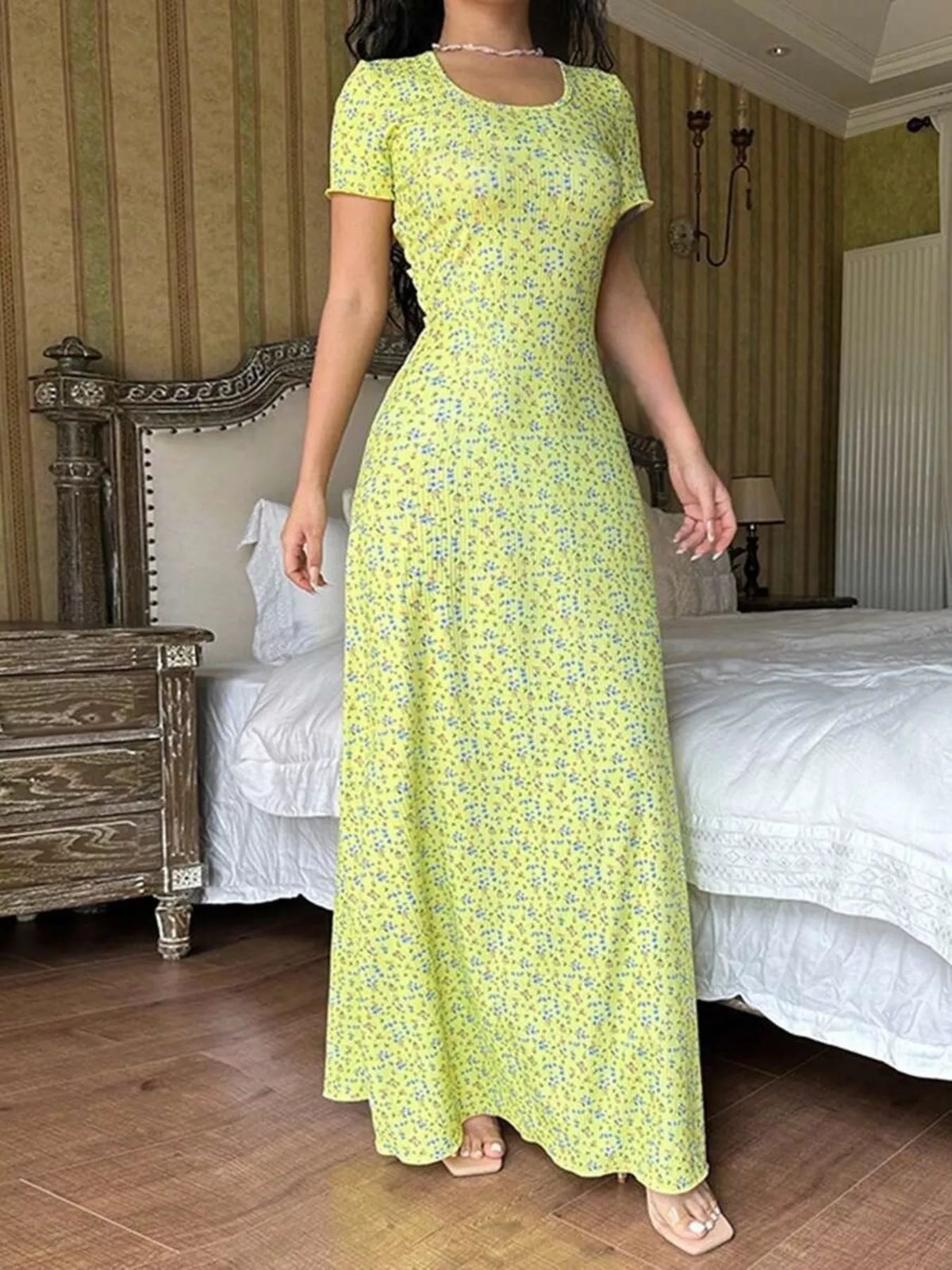 Short-Sleeve Tie-Back Maxi Dress in yellow floral, front view