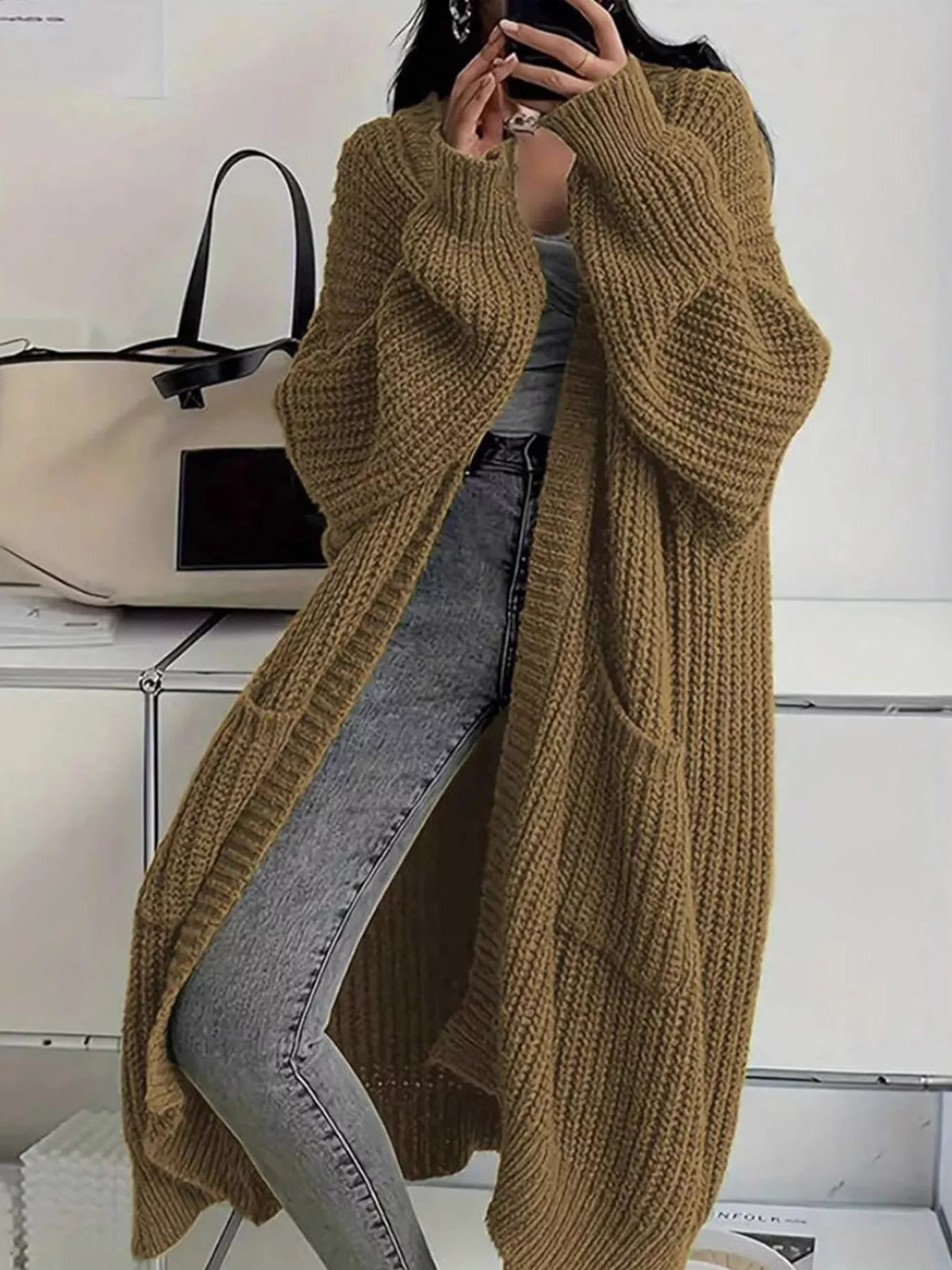 Longline knit cardigan, olive front