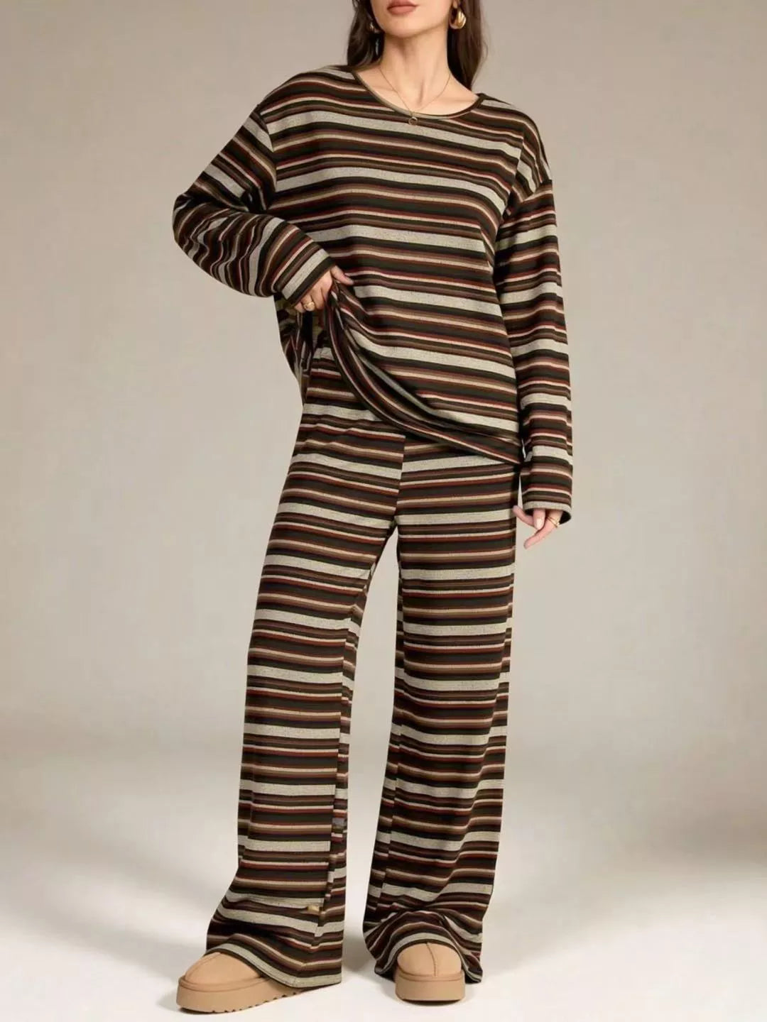 Trendsi Striped Long-Sleeve Top and Wide-Leg Pants Set -