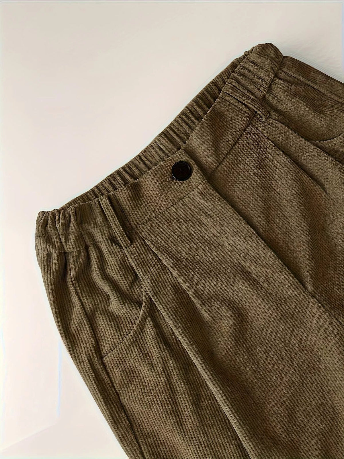 Khaki Corduroy Straight-Leg Pants waistband and pocket detail