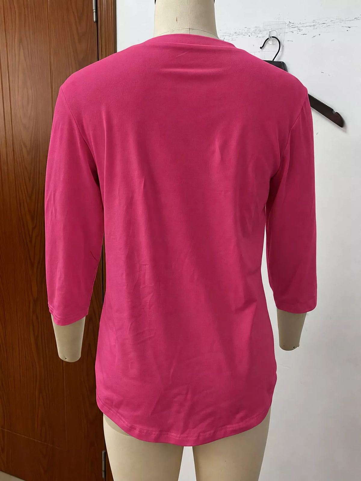 Hot pink v-neck half sleeve t-shirt, back view