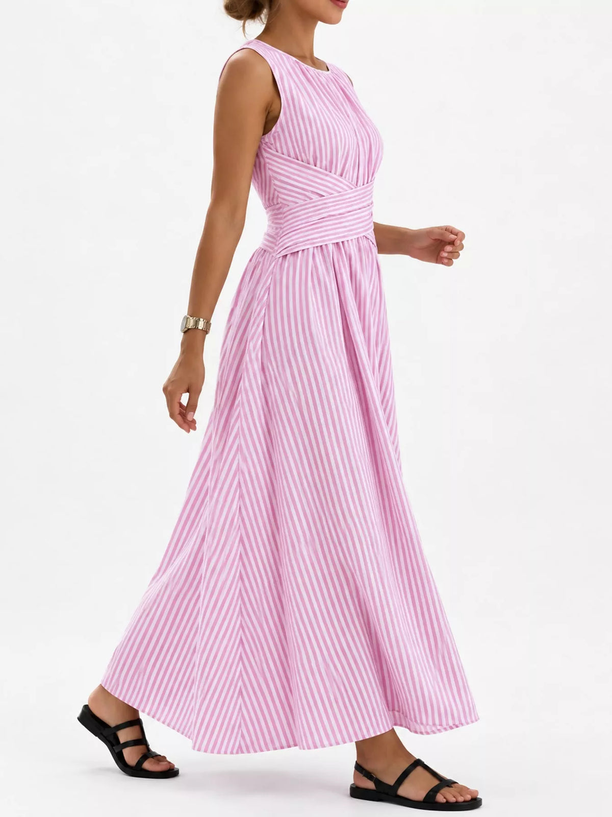 Women's Sleeveless Striped Maxi Dress with Criss-Cross Waist Detail in pink striped — side view