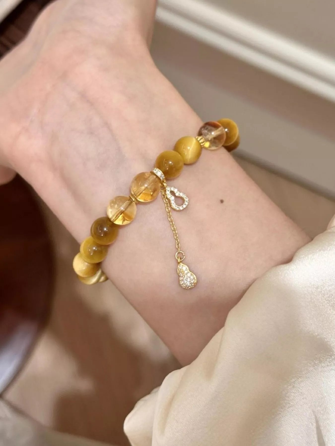Trendsi Tiger Eye Beaded Bracelet with Gourd Charm -