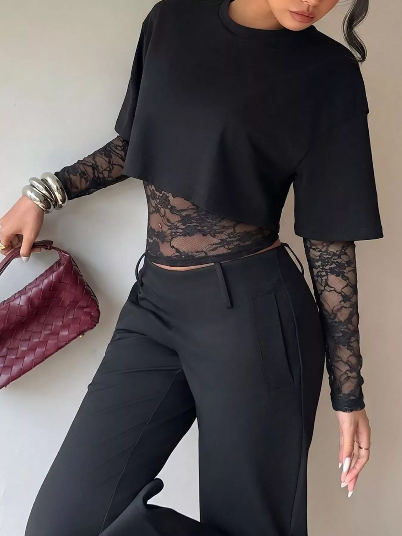Trendsi Lace Patchwork Short Sleeve T-Shirt -