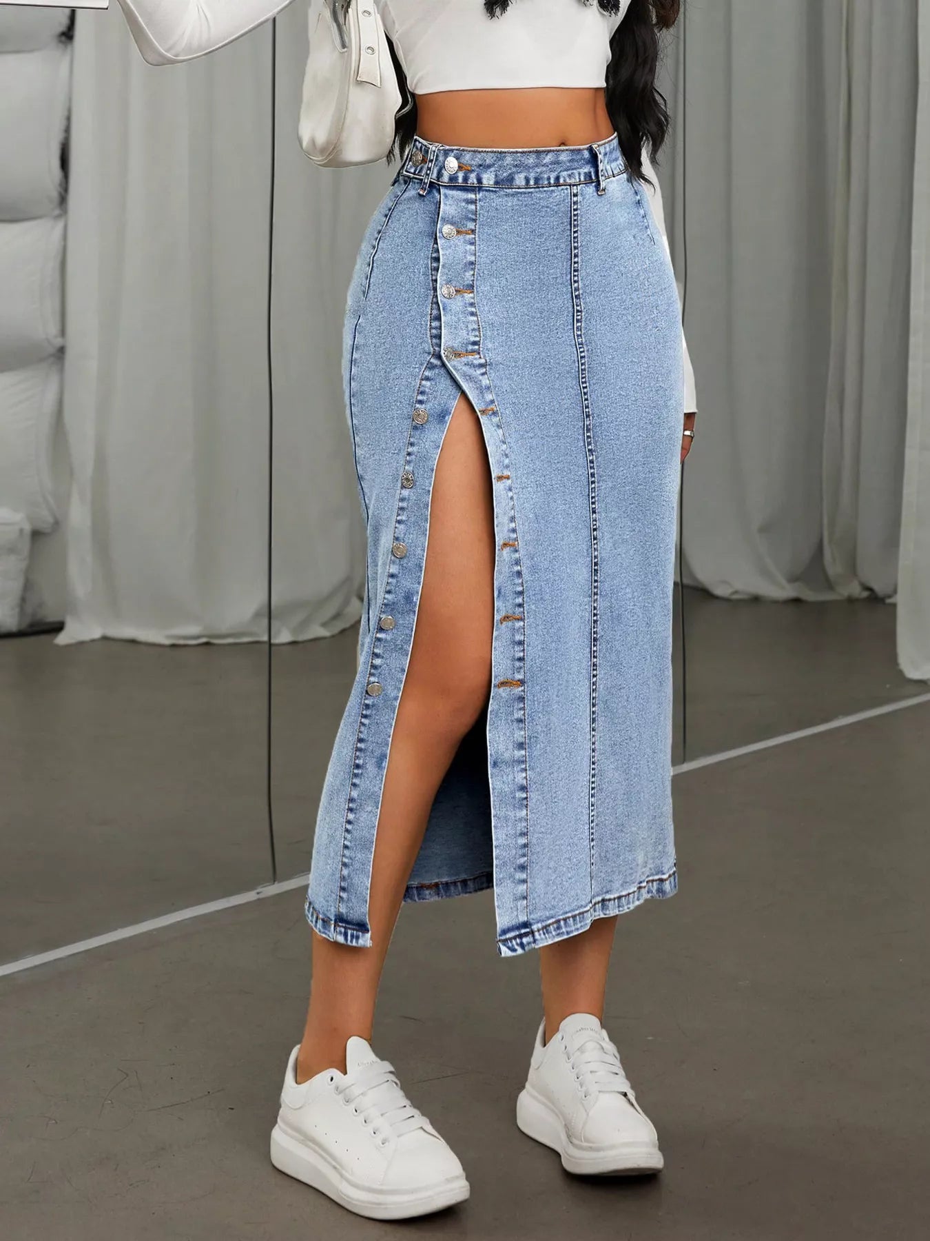 Trendsi Side Button Slit Denim Midi Skirt -
