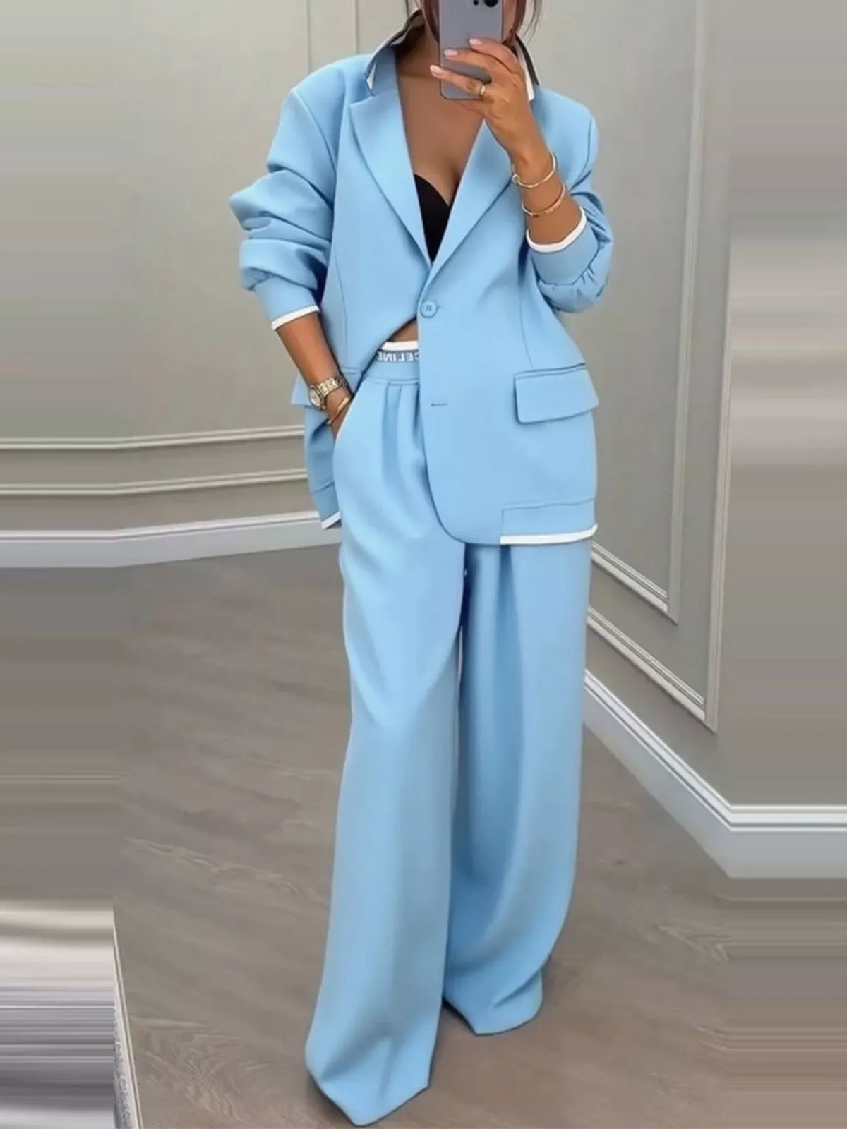 Sky Blue contrast-trim blazer and wide-leg pants set