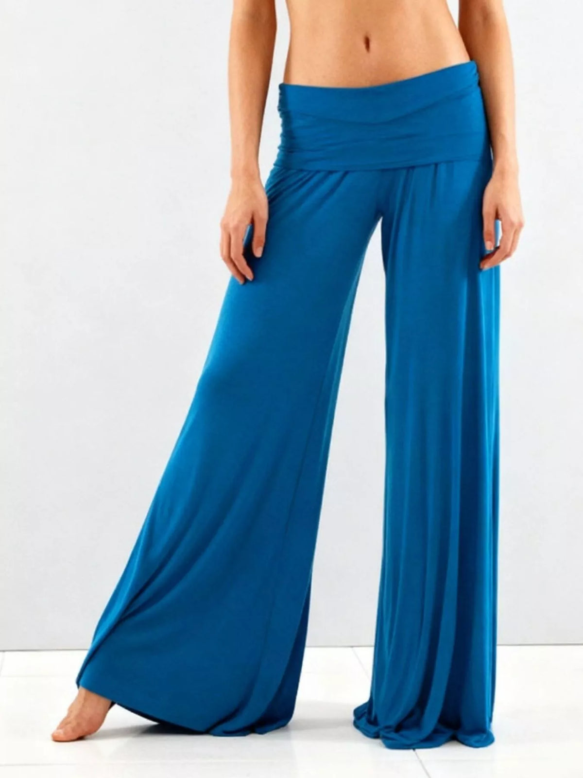 Blue fold-over wide-leg pants, leg detail