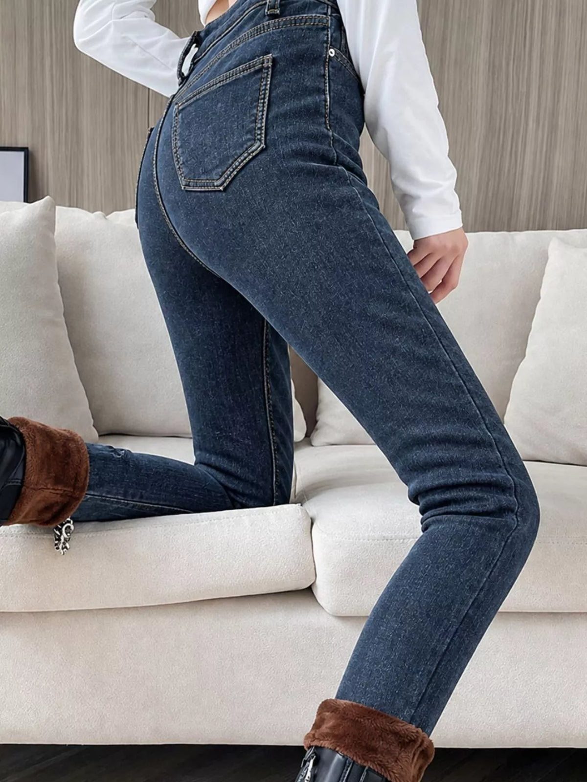 High-Waisted Slim-Fit Stretch Fleece Jeans — side view