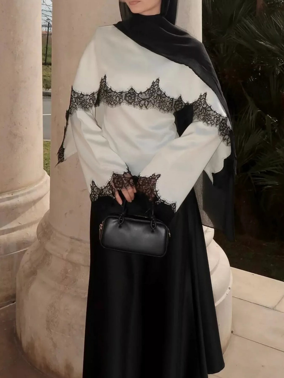 Round neck long sleeve blouse, front view on model