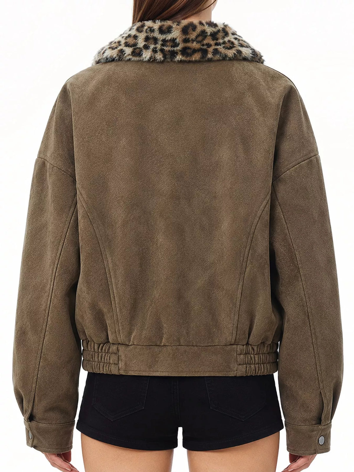 Brown leopard collar zip-up jacket — back view