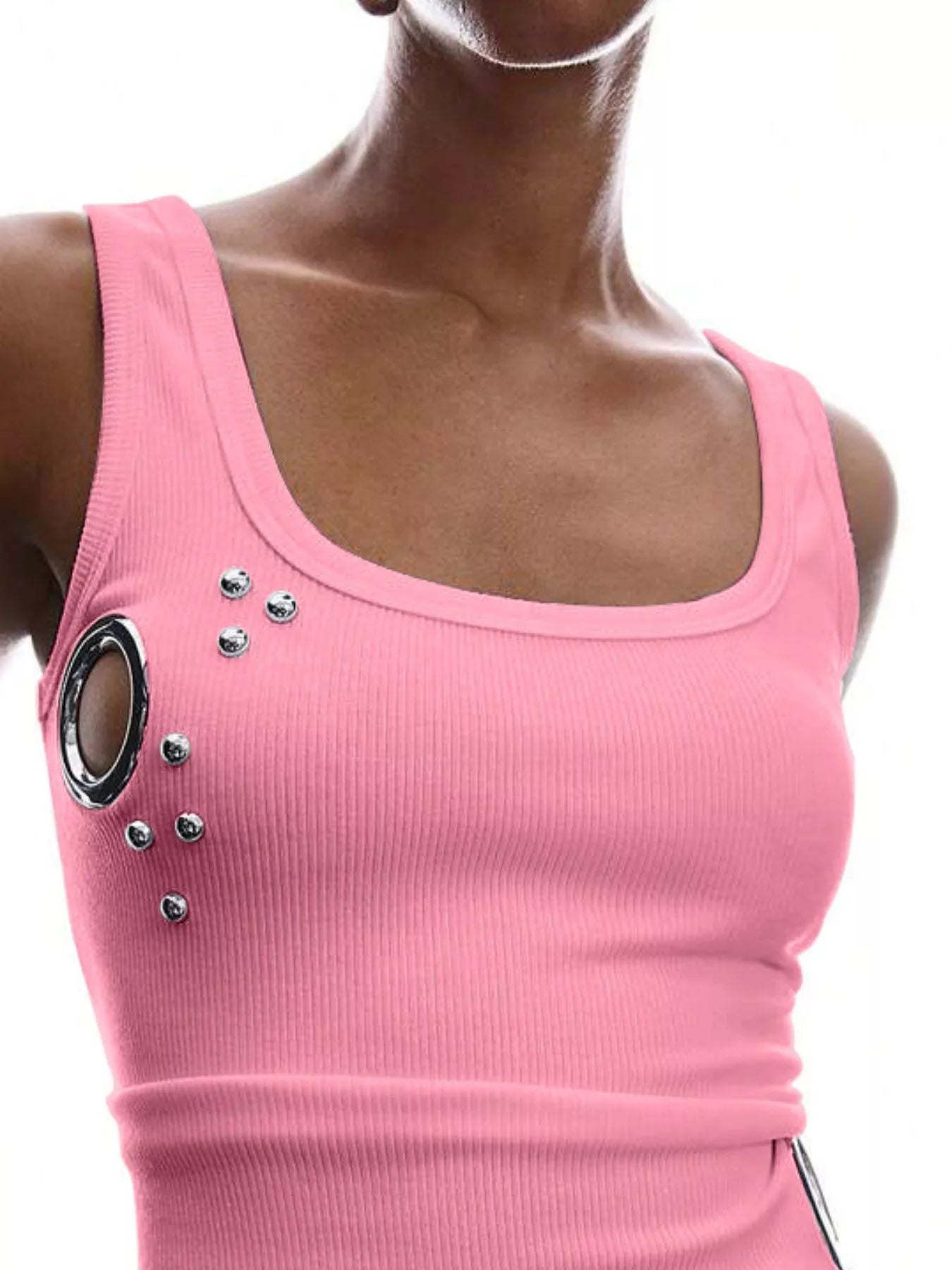 Trendsi Ribbed Tank Top with Metal Grommet Cutouts and Stud Embellishments -