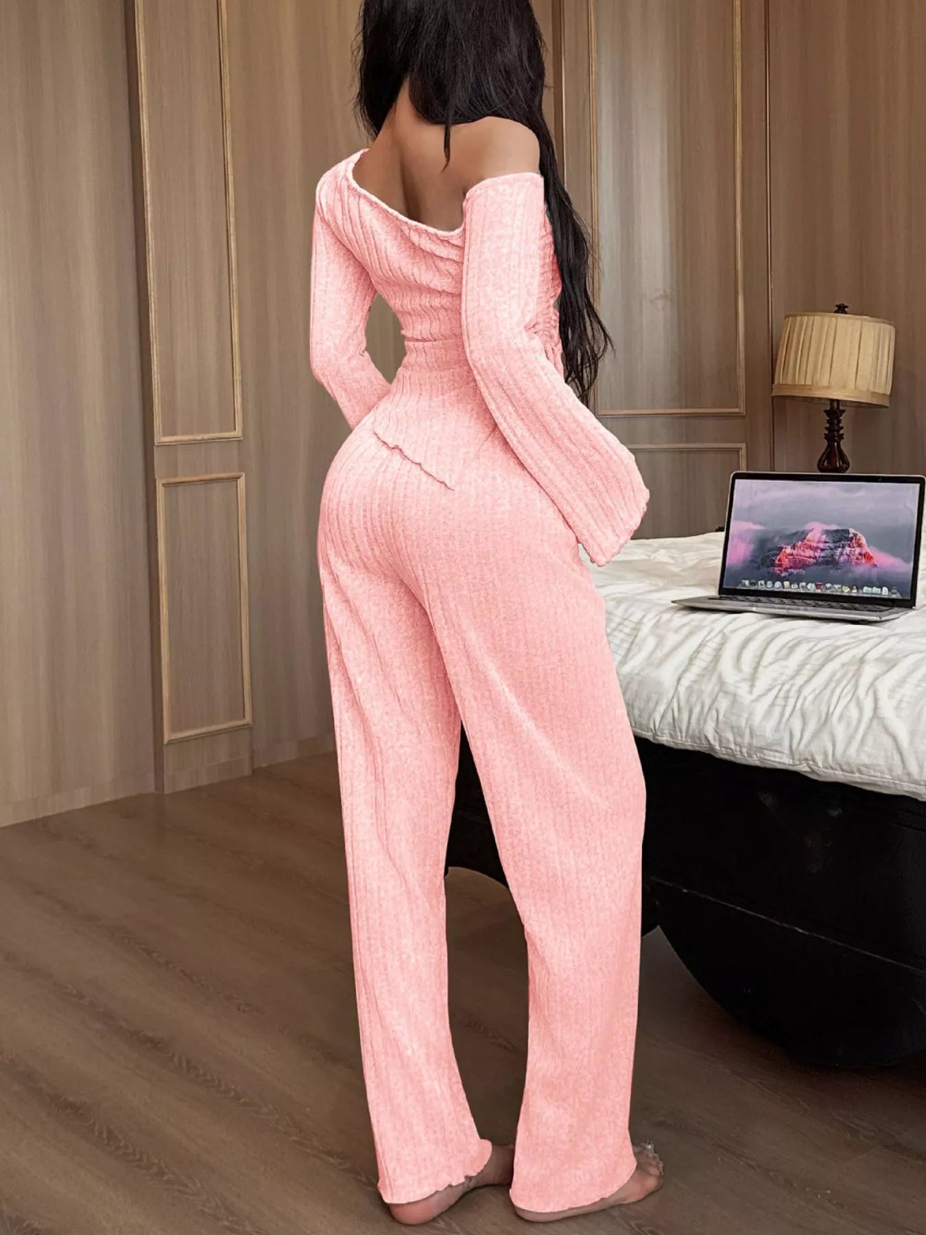 Trendsi One-Shoulder Ribbed Knit Top and Pants Set -