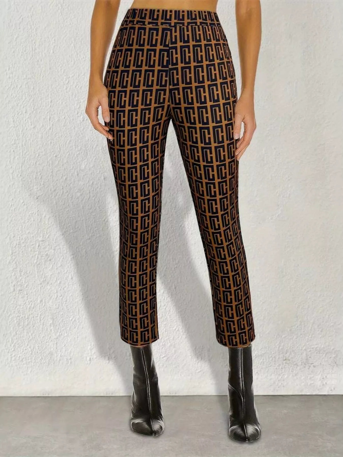 Coffee Brown Geometric-Pattern Slim-Fit Cropped Pants front view