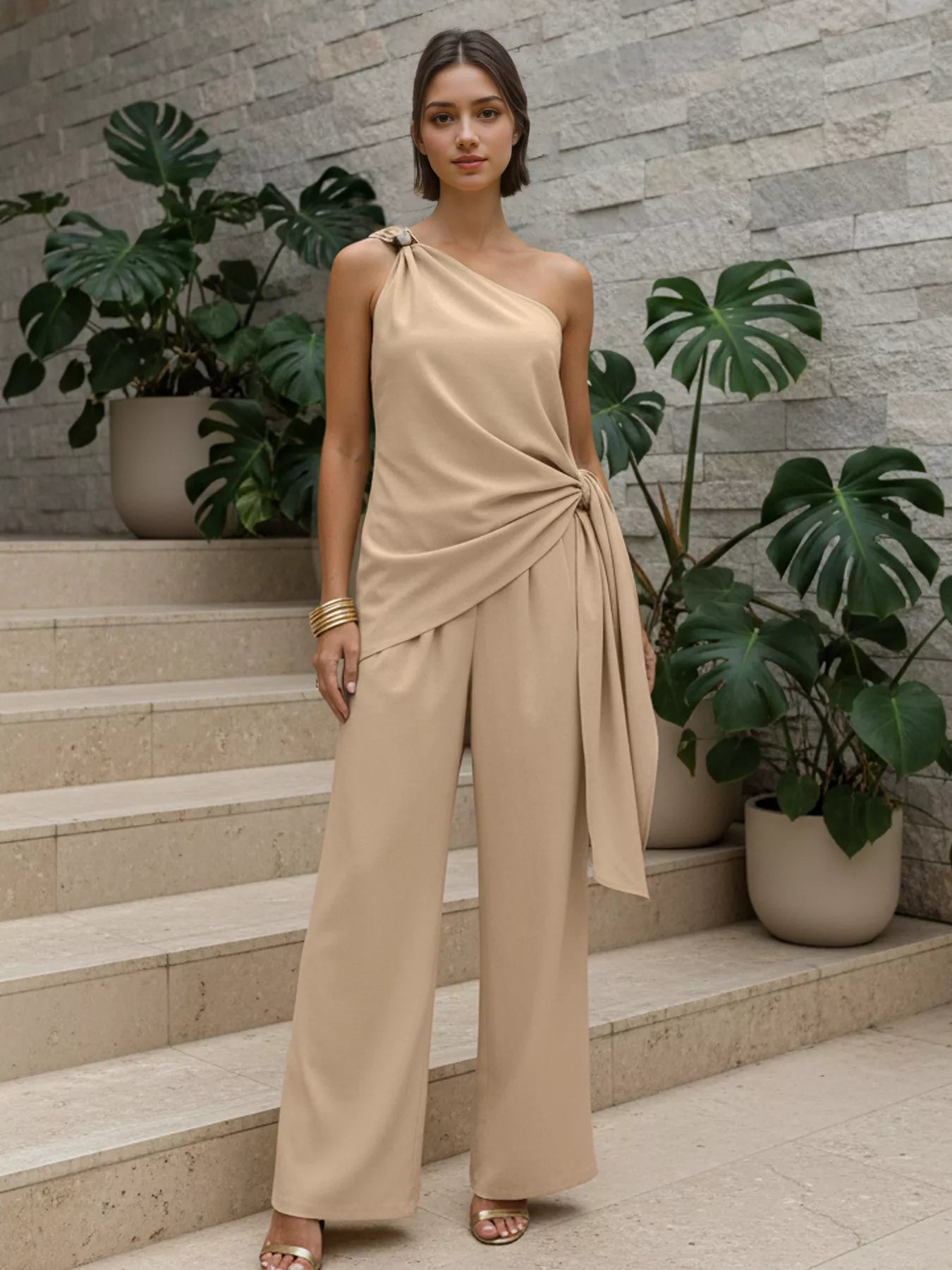 Trendsi One-Shoulder Tie-Waist Top and Wide-Leg Pants Set -