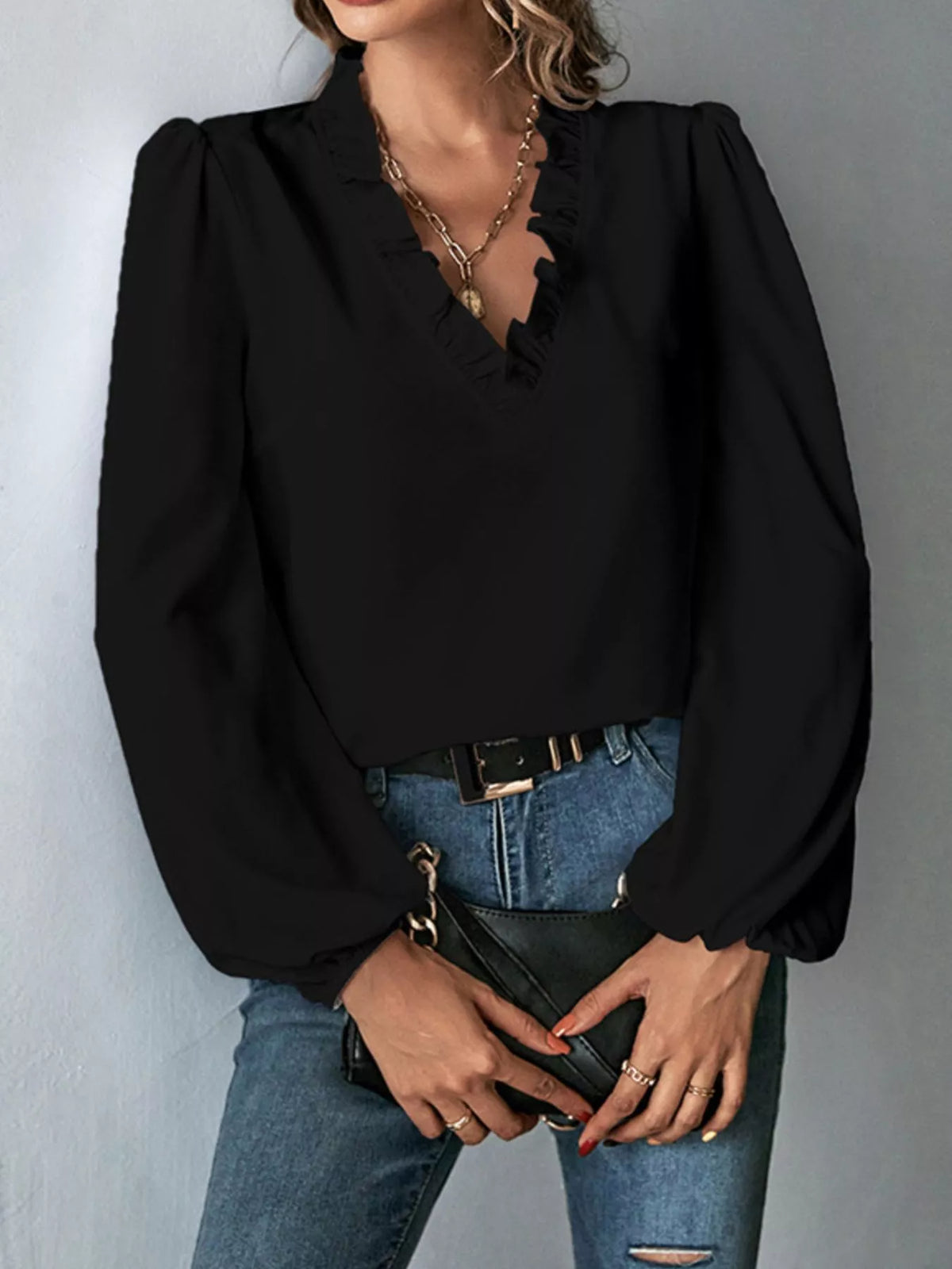 Ruffled trim v-neck blouse