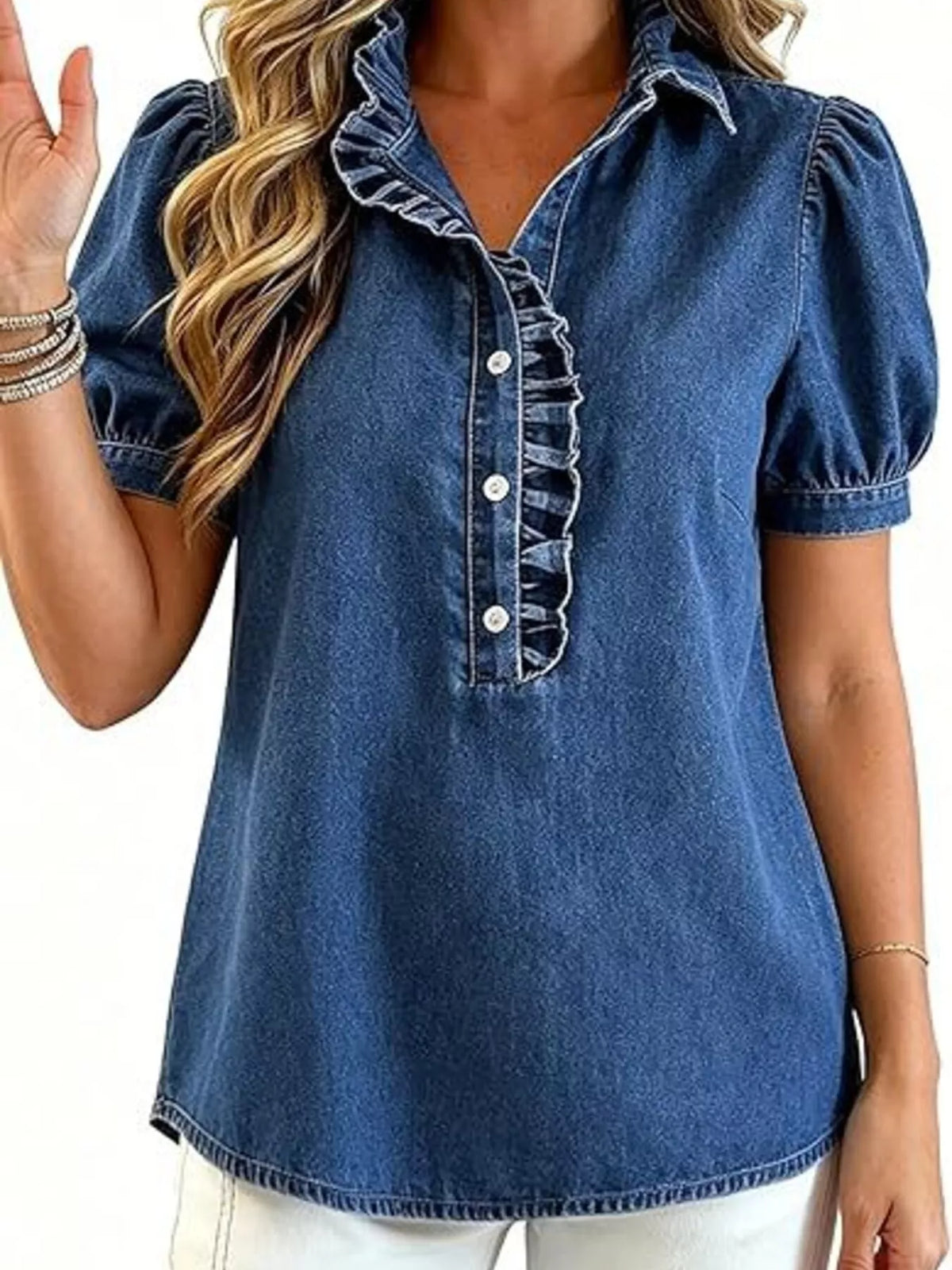 Trendsi Frill Puff Sleeve Denim Top -