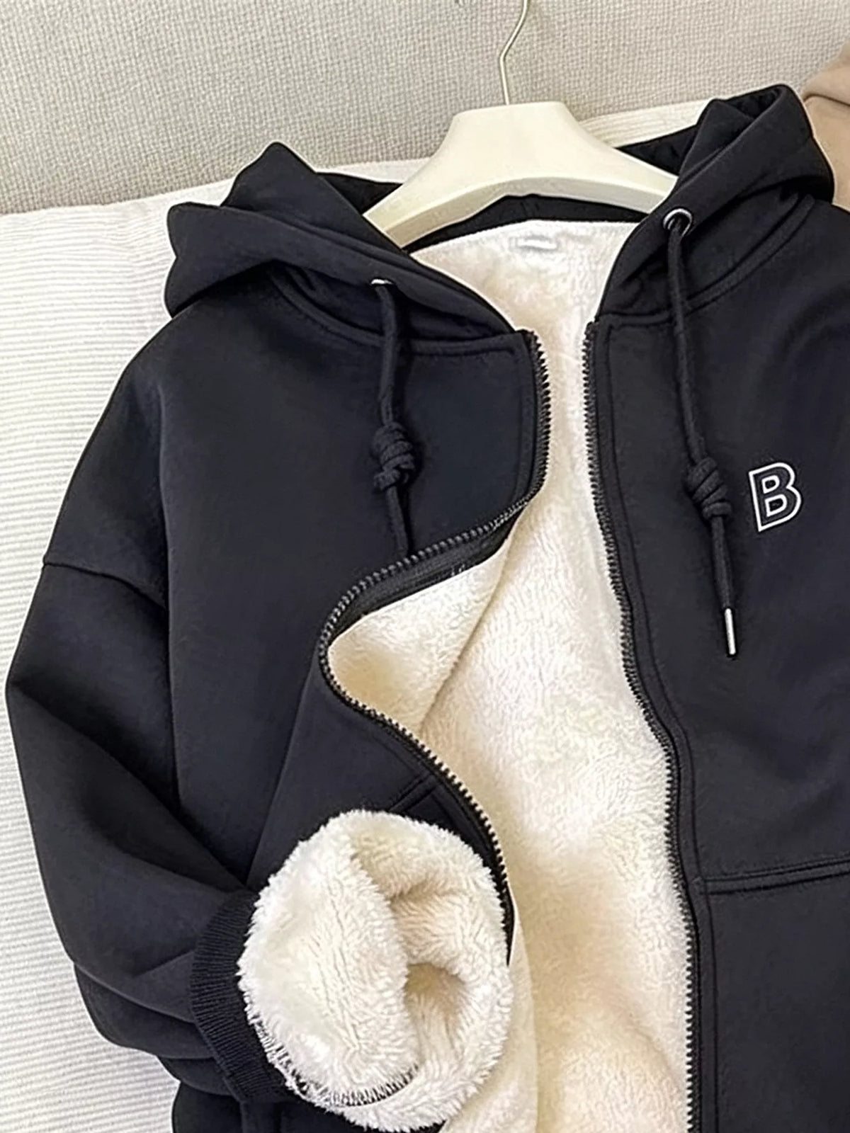 Black Fleece-Lined Zip-Up Hoodie fleece lining detail