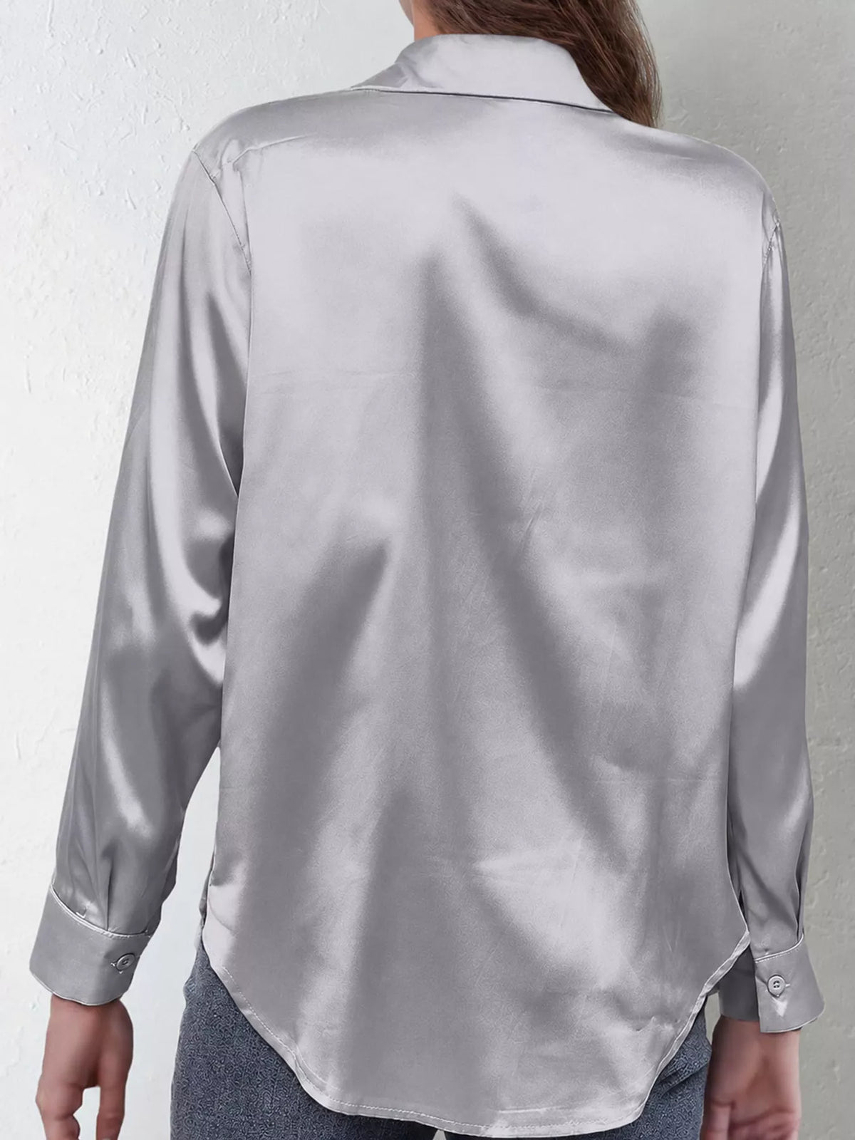 Gray satin button-down long sleeve shirt, back view