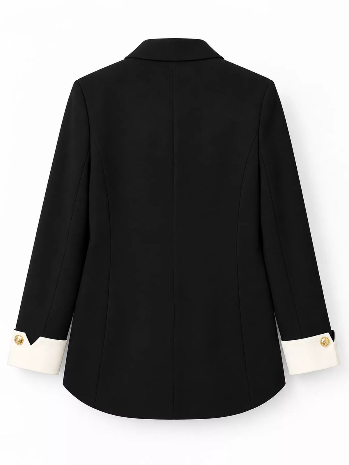 Black single-breasted blazer with gold-tone buttons, back view