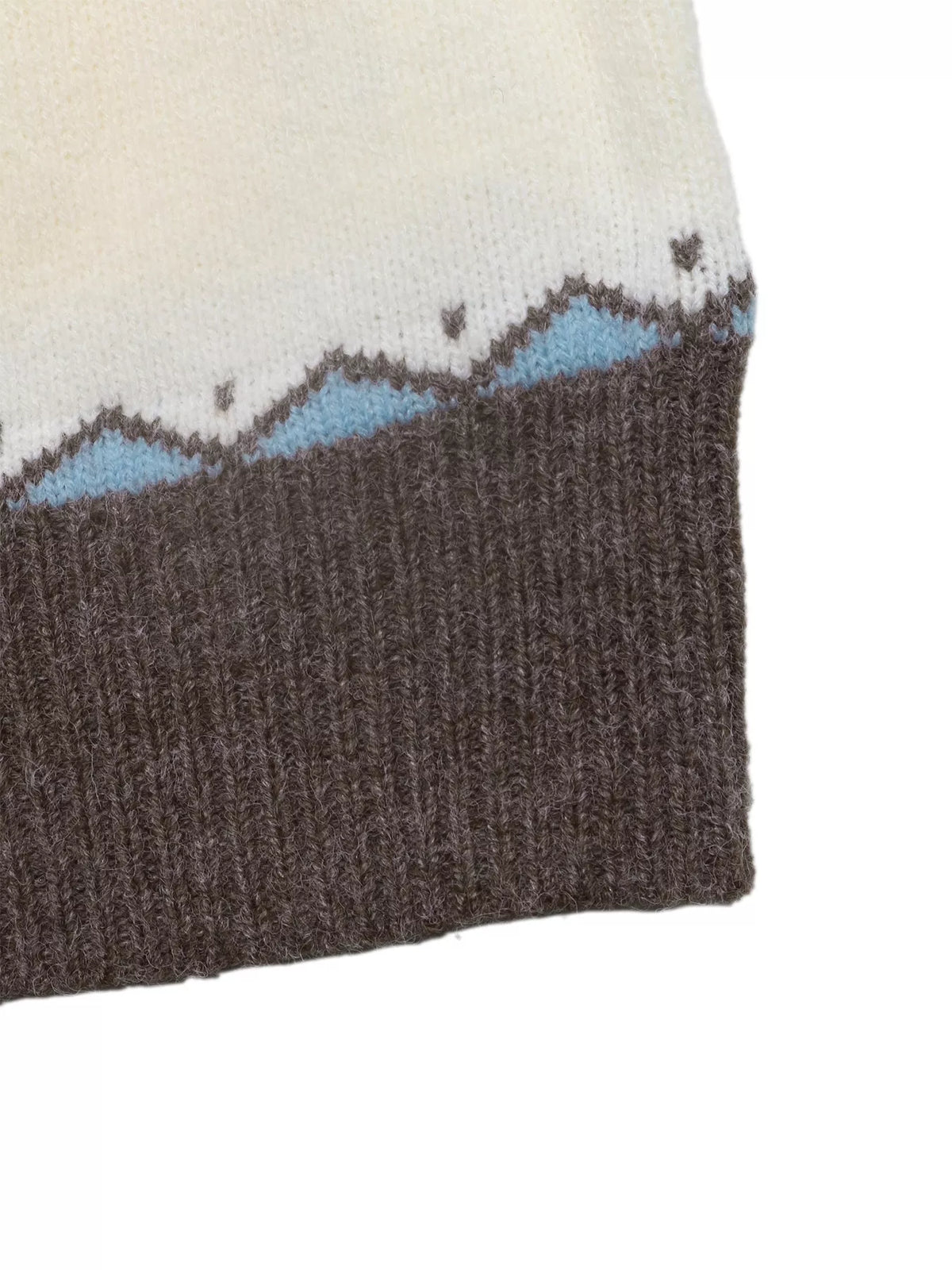 Cream Fair Isle round neck sweater, ribbed hem detail