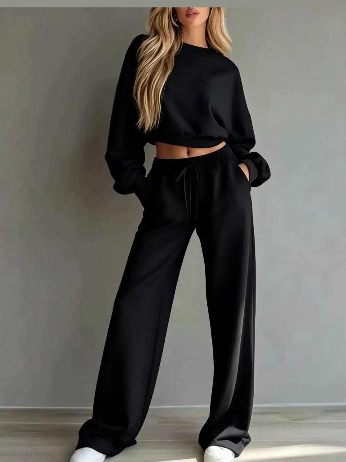 Crop Top and Wide-Leg Sweatpants Set — front view