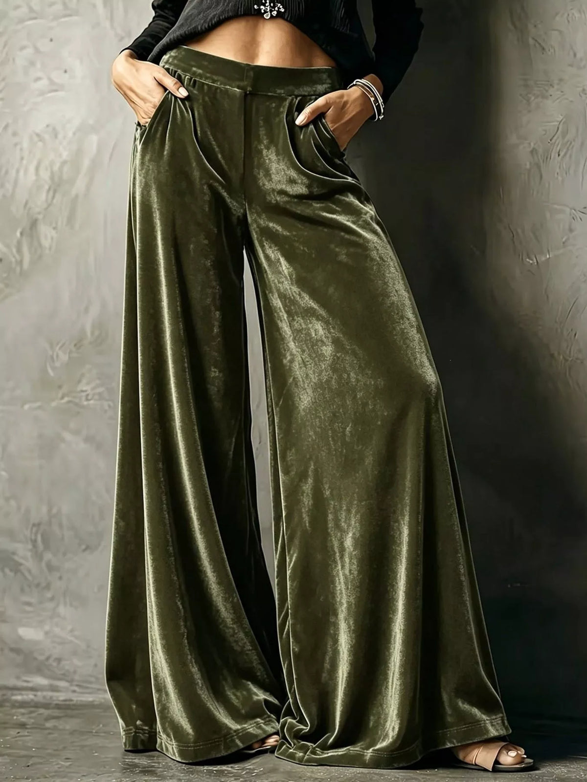 Olive wide-leg velvet pants, front view