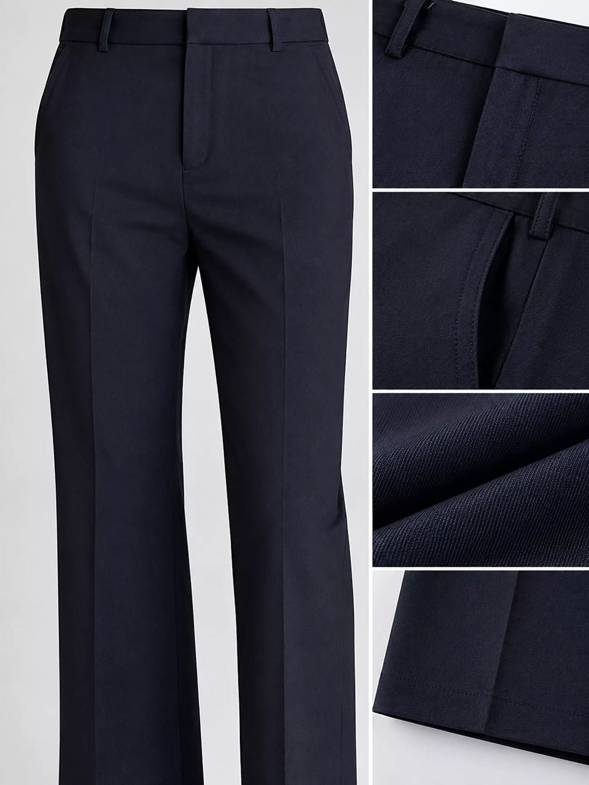 Straight-leg pants, navy waist pocket fabric and hem details