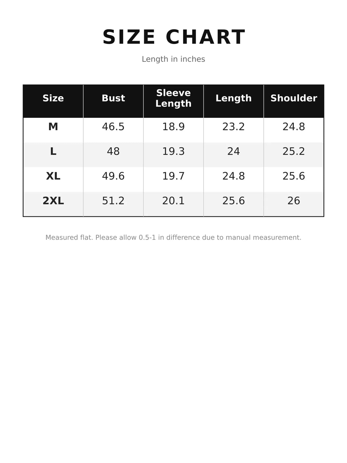 Size chart for polo collar long sleeve sweatshirt