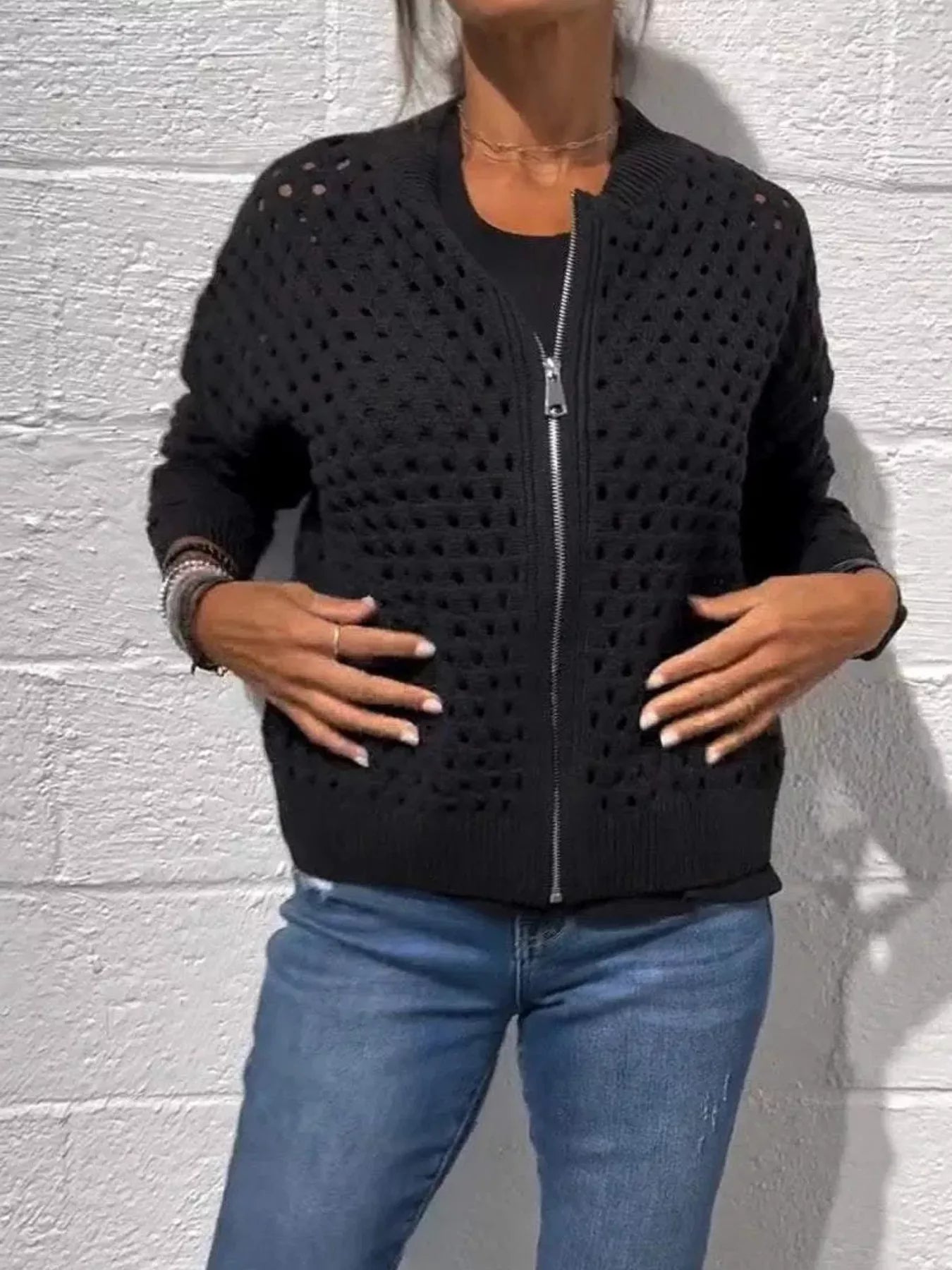 Trendsi Full Size Crochet Knit Zip-Up Cardigan Plus Size -
