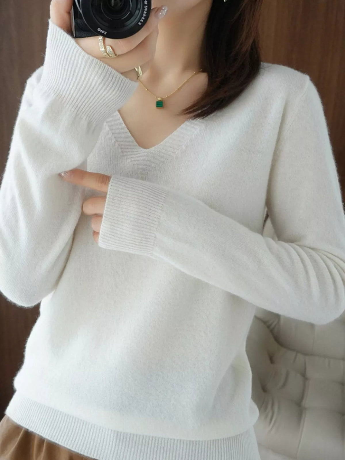 V-Neck Knit Sweater in white