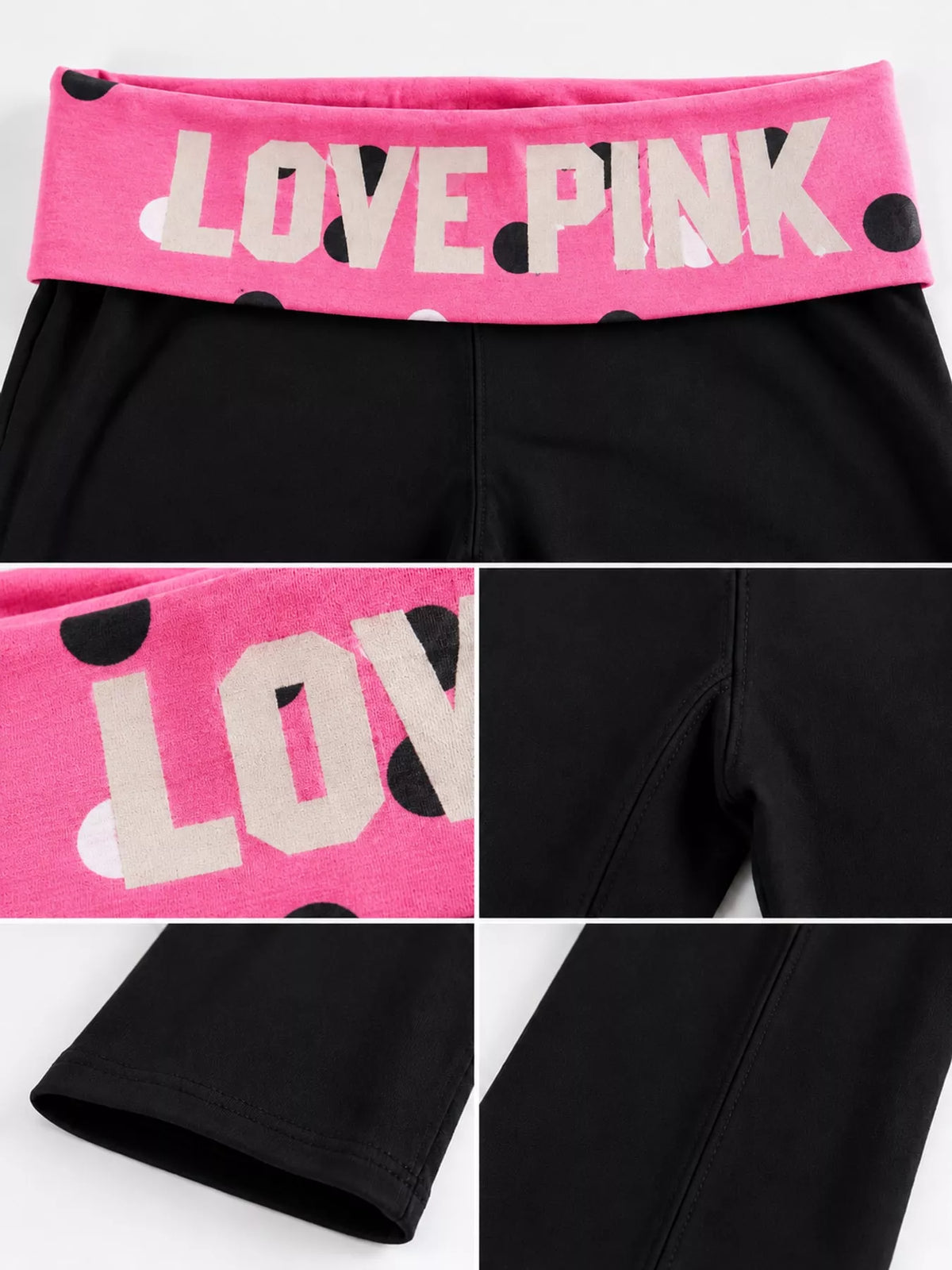 Pink 2 fold-over waist flared pants, detail view