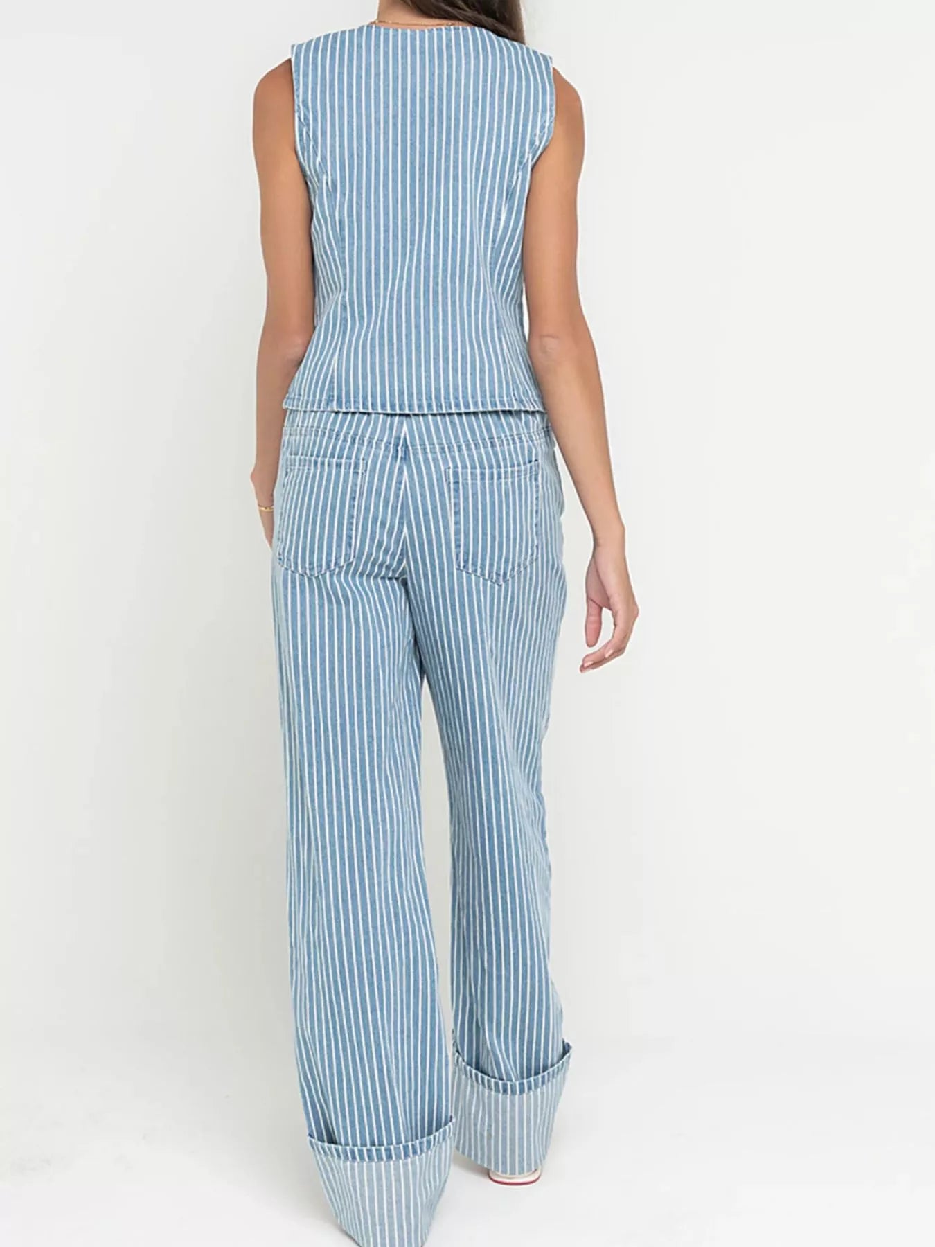 Trendsi Striped Button Up Sleeveless Top and Jeans Denim Set -