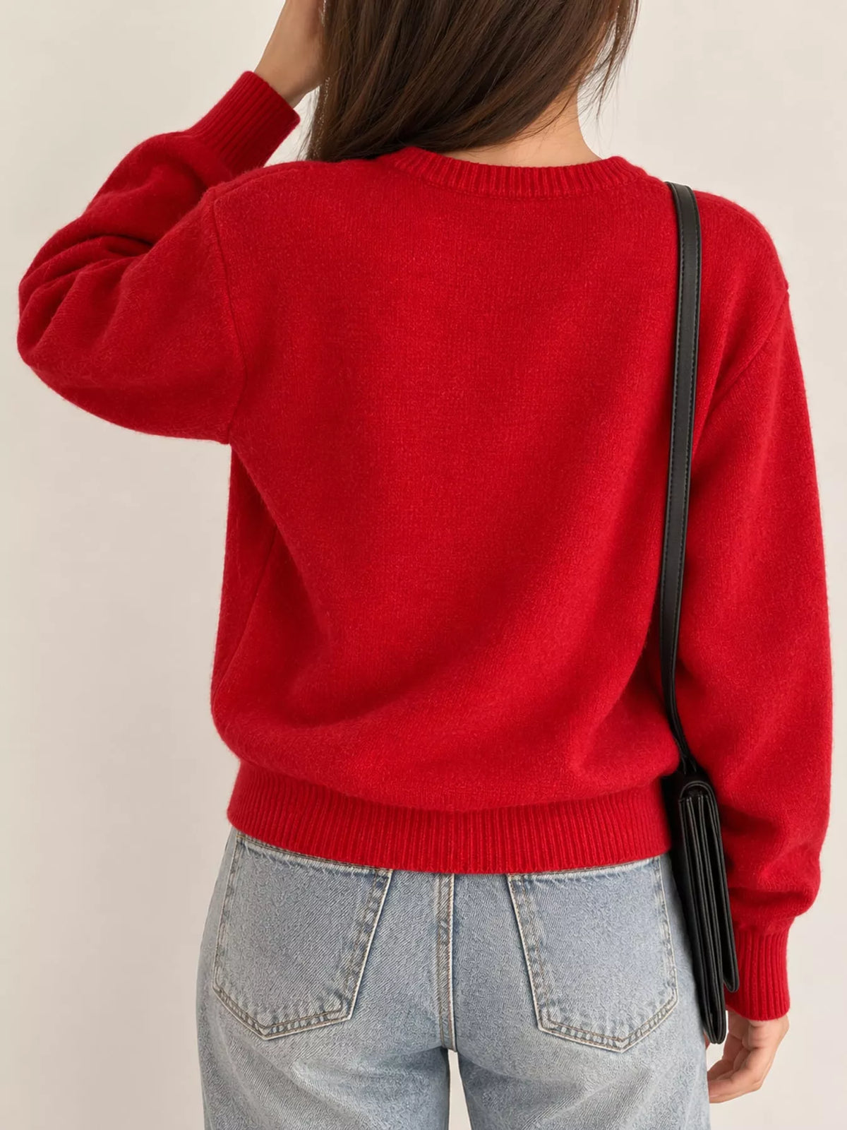 Women's Crew Neck Button-Down Knit Cardigan in red — back view