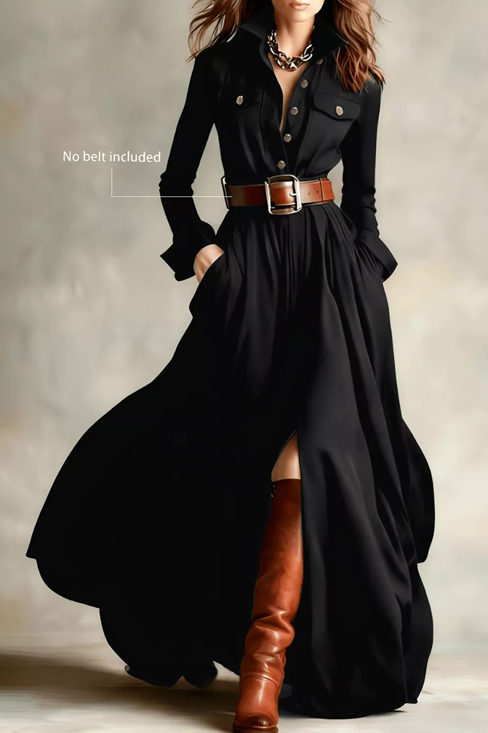 Trendsi Slit Long Sleeve Maxi Shirt Dress -