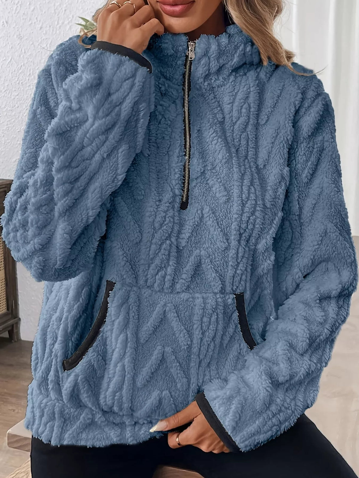 Women's Quarter-Zip Sherpa Sweatshirt in blue — front view