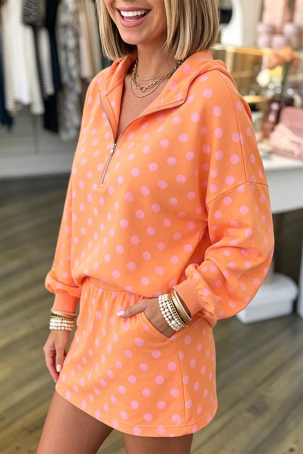 Trendsi Polka Dot Quarter-Zip Hoodie and Skirt Set -