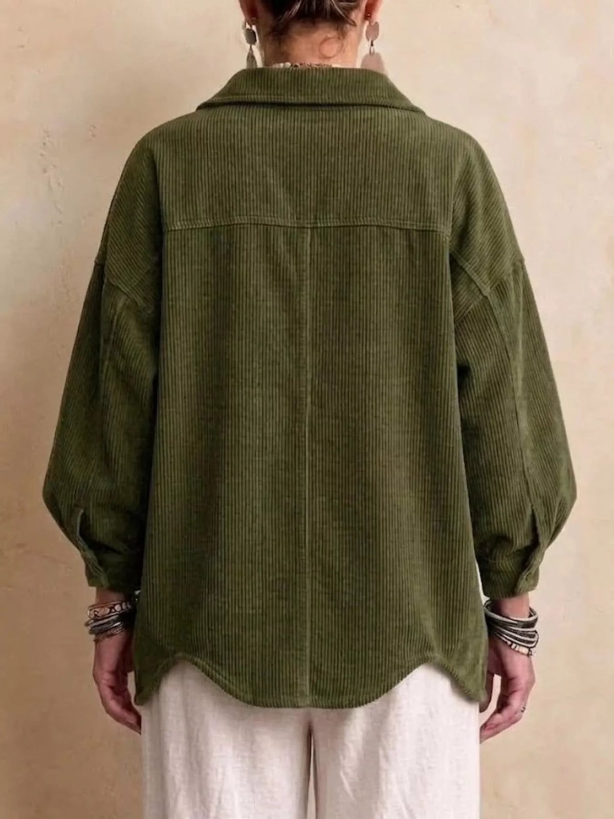 Green corduroy button-down jacket, back view