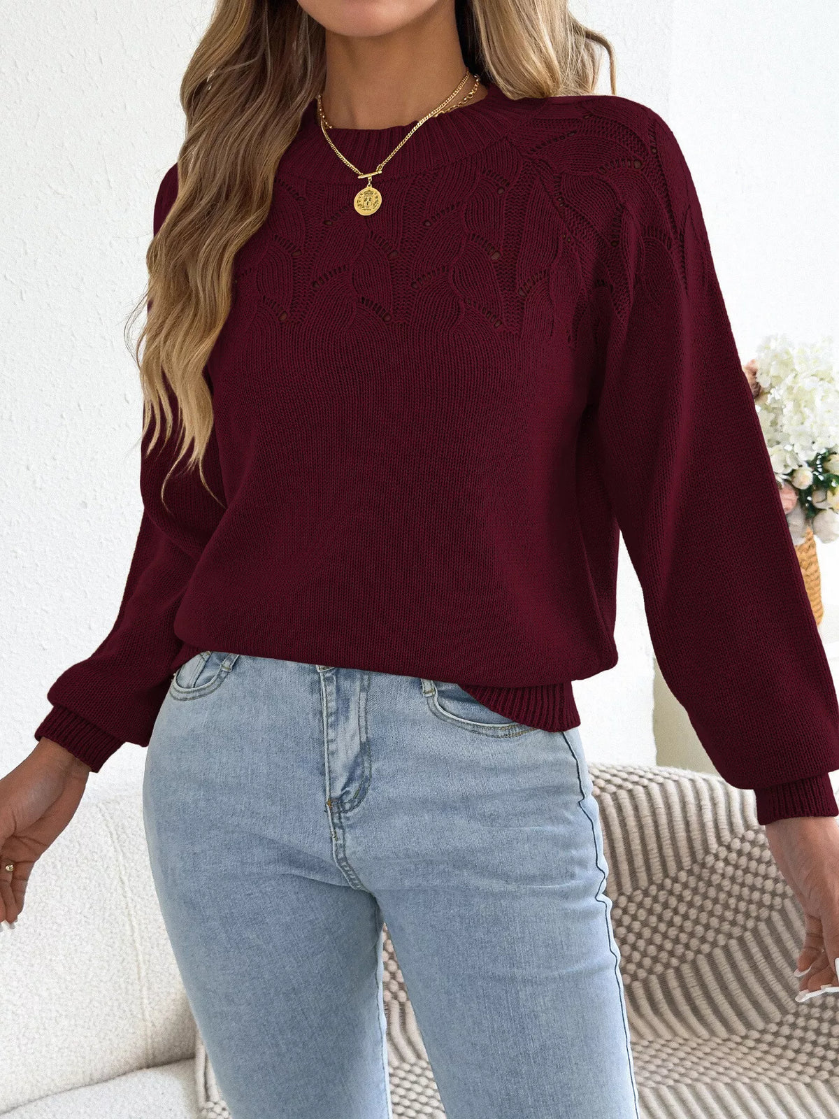 Burgundy openwork crew neck sweater