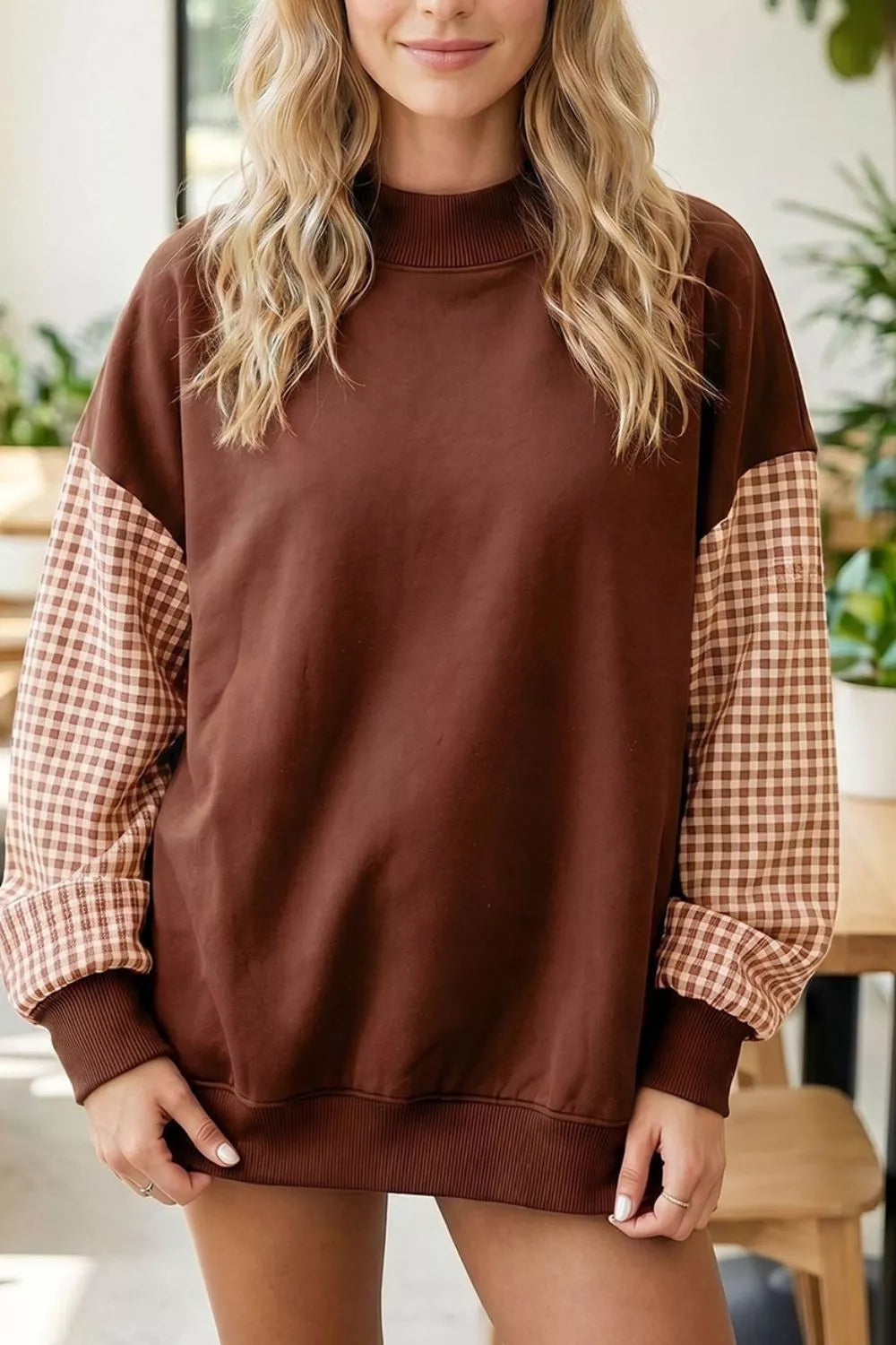 Trendsi Plaid Sleeve Colorblock Loose Tunic Sweatshirt -
