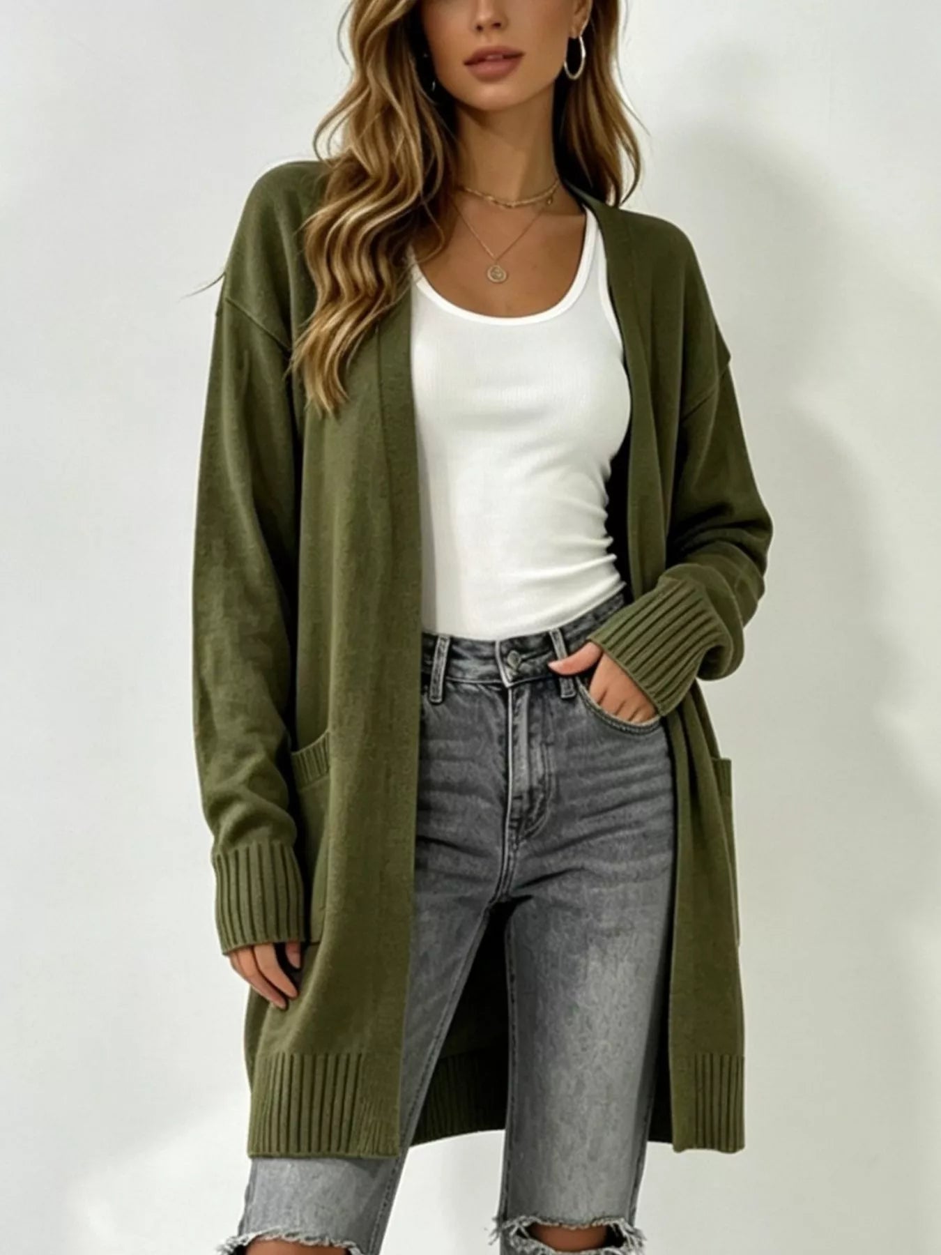 Trendsi Full Size Open-Front Longline Knit Cardigan Plus Size -