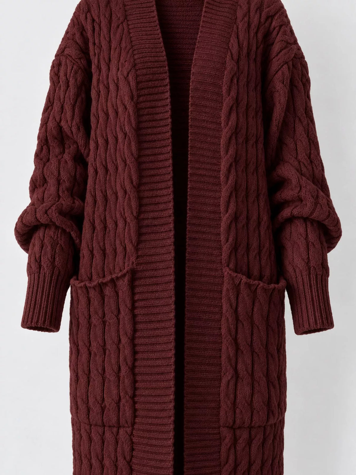Coffee cable-knit longline open-front cardigan