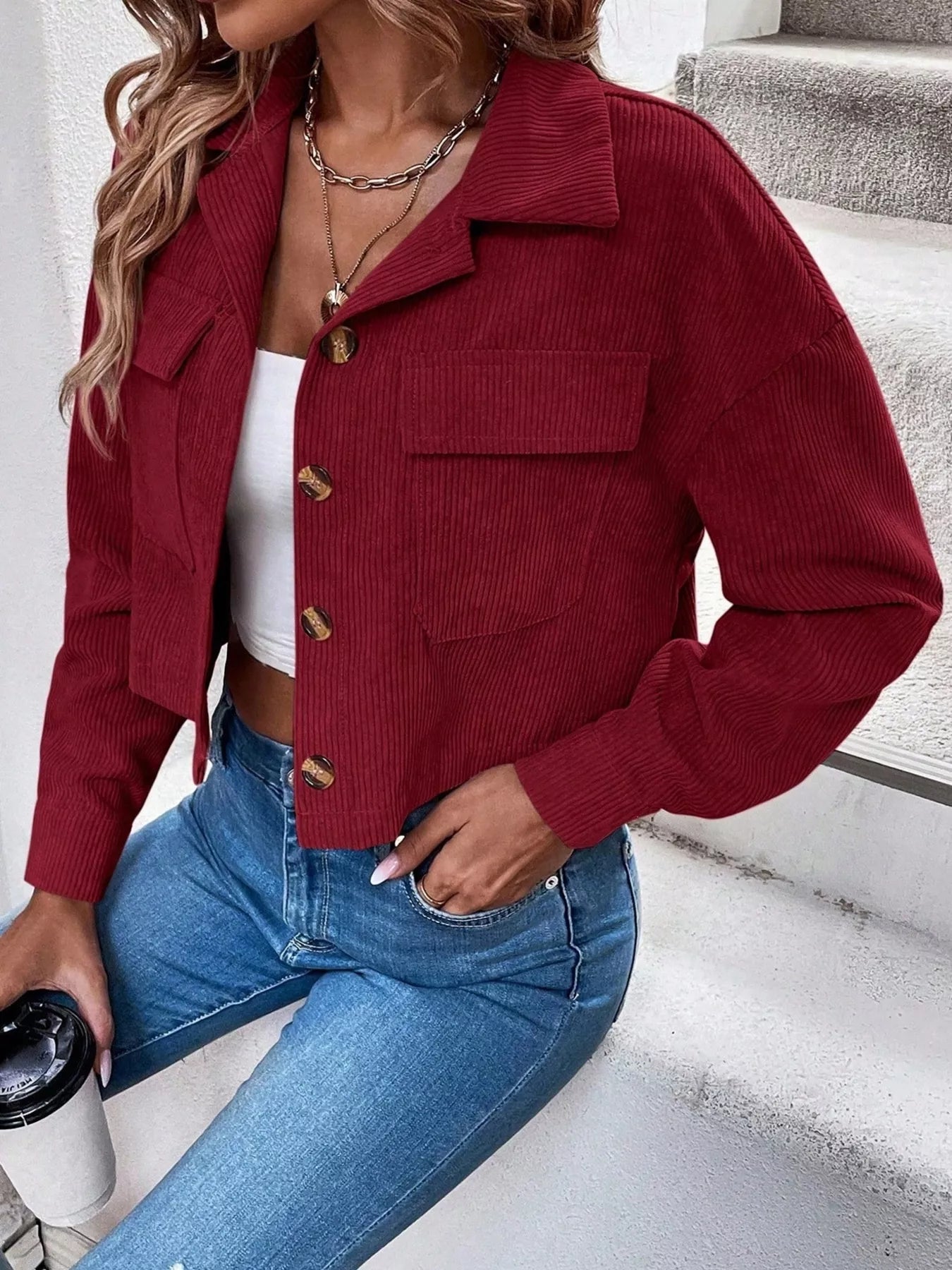 Trendsi Cropped Corduroy Button-Down Jacket -