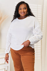 Trendsi Shiny Eyelet Dropped Shoulder Round Neck Blouse -